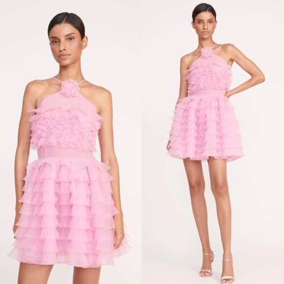 NWT Staud Florian Rosette Appliquéd Ruffled Organza Mini Dress Tulip Pink Size 2 - Picture 13 of 13